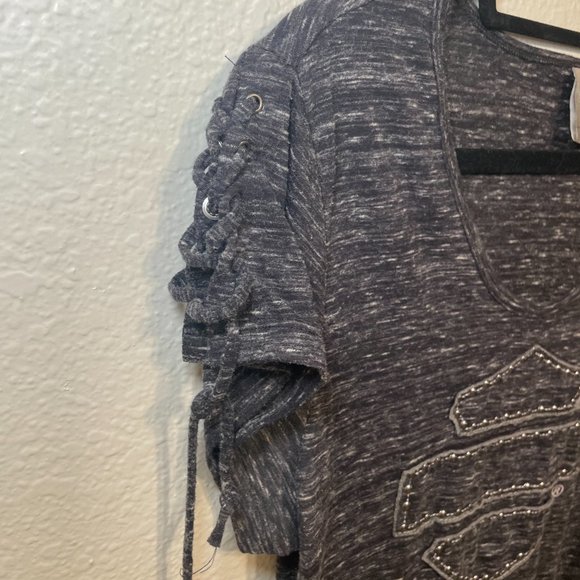 Harley Davidson Heather Grey Blouse with Tie Sleeves and Button Logo Details - Picture 8 of 10